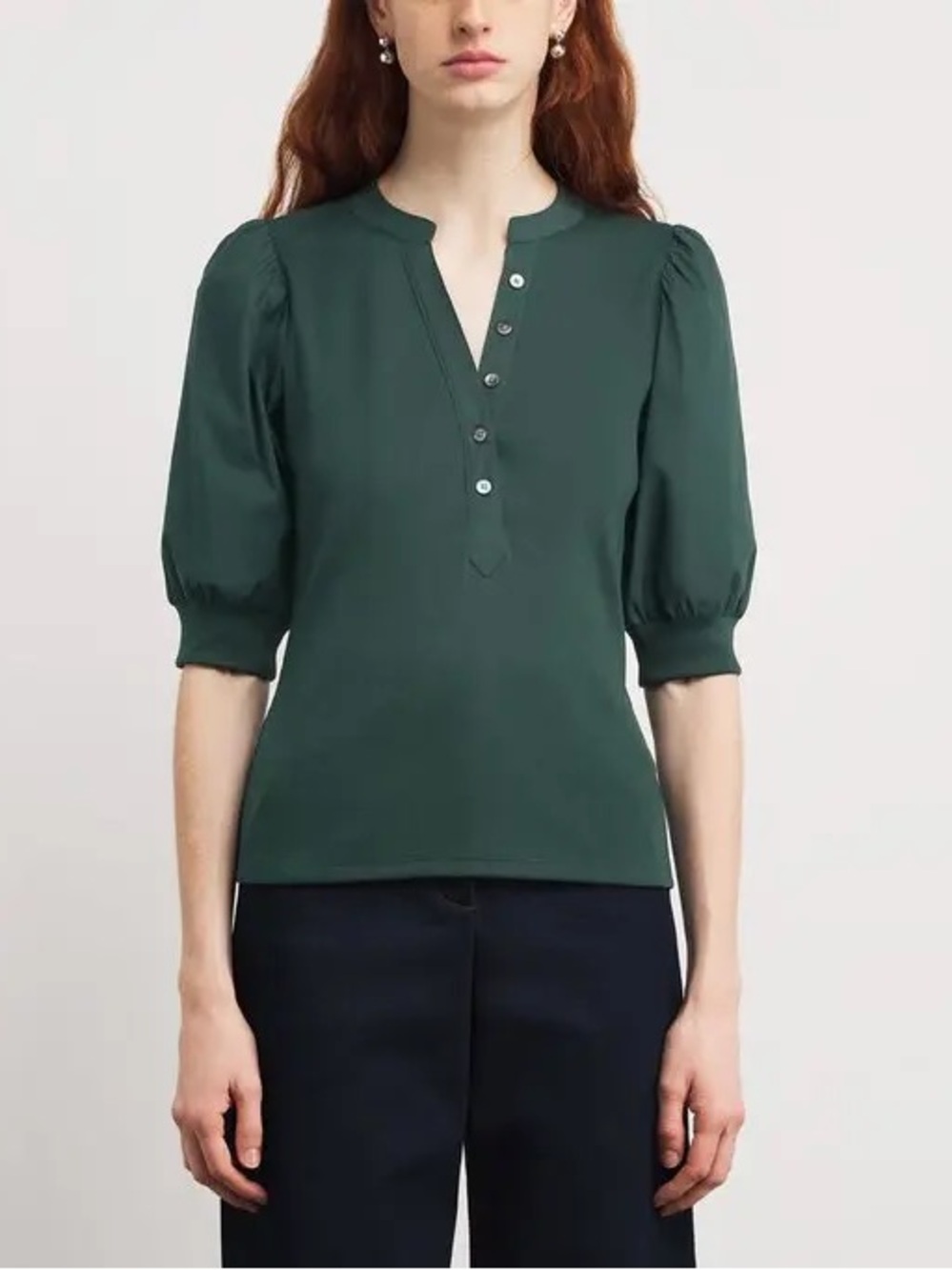 Veronica Beard Coralee Forest Green Puff Sleeve Henley Top Large
